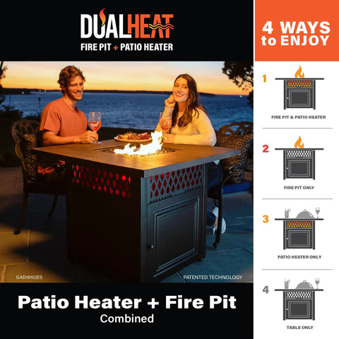 Donovan 38 Inch Square Propane Fire Pit With Infrared Patio Heater Outdoor Gas Fire Pit And Heater Combo Delivering 41,000 BTU Dope Heating Power, 30,000 BTU Main Burner Plus 11,000 BTU Lower Heater, Weatherproof Patio Warmth For Cold Nights
