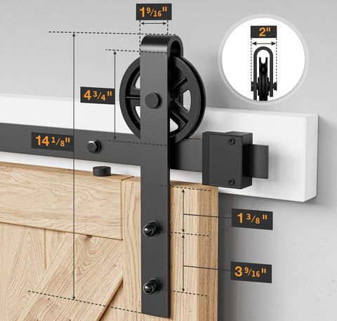 6.6 Foot Heavy Duty Sliding Barn Door Hardware Kit With Industrial Big Wheel J Hangers For Wood Doors Fits Doors 1 3 8 To 1 3 4 Inch Thick And 40 Inch Wide Panels Black Finish Pro Grade For Home Garage Barn And Farmhouse DIY Projects on wood door close-up