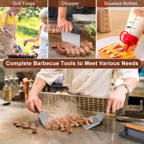 Blackstone Griddle Accessories Kit 27Pcs with spatula handling meat on a flat top grill, including grill tongs and squeeze bottles.