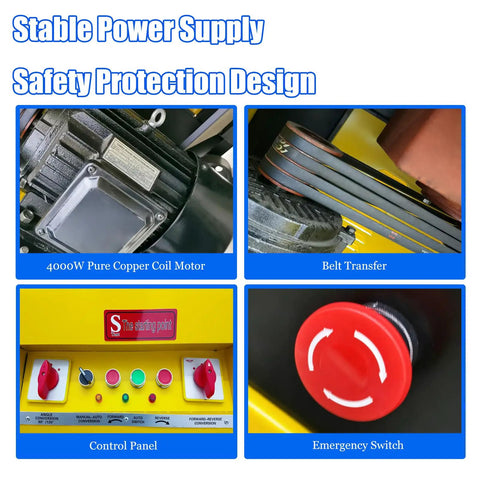 Badass Heavy Duty Electric Rebar Bender Automatic Hoop Bending Machine Built Tank Tough For Quarter To Two Inch Round Steel Bars showing motor, belt, control panel and emergency switch.
