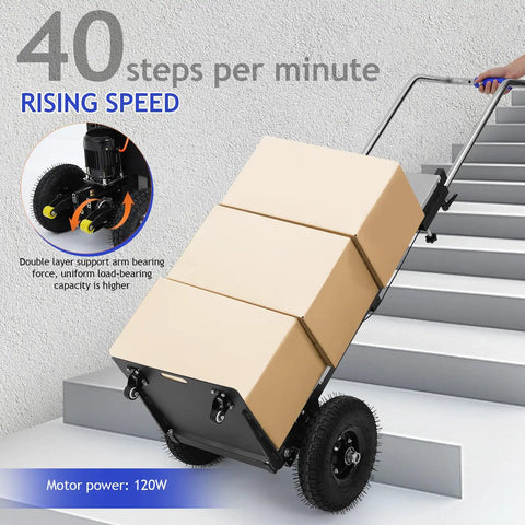 Top Tier Electric Stair Climbing Dolly For Heavy Duty Moving With 880 Lbs Capacity, 1200W Motor And Foldable Design moving up the stairs with boxes.