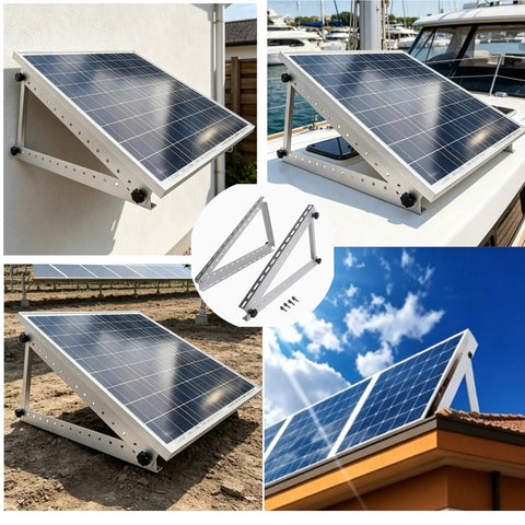 Adjustable Solar Panel Mounting Brackets Kit 22 Inch Tilting Mounts For 100 To 200W Panels in various setups.