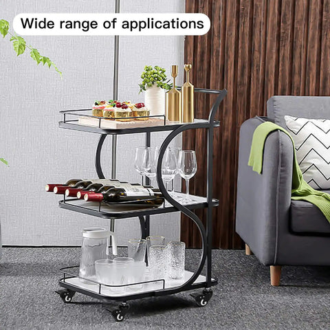 Bar cart with shelves holding wine bottles, glasses, and snacks on wheels. Heavy Duty 2 Inch Swivel Casters With Threaded Stem M12.