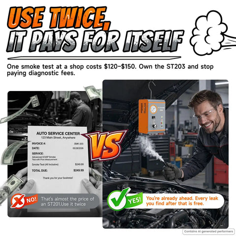 Comparative image showing savings using Plumb Line Evap Check Pro Grade Smoke And Air Leak Detector With Adjustable Flow And Pressure Gauge.