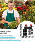 Gardener with plants and 42 Pcs All In One Drip Irrigation Fittings Kit With Switch Valves Tees Elbows End Caps Plugs displayed on side