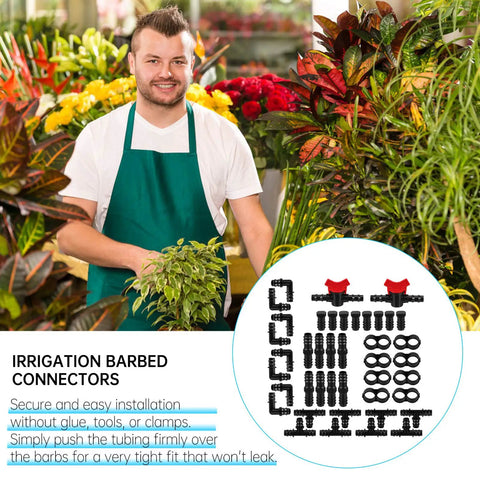 Gardener with plants and 42 Pcs All In One Drip Irrigation Fittings Kit With Switch Valves Tees Elbows End Caps Plugs displayed on side