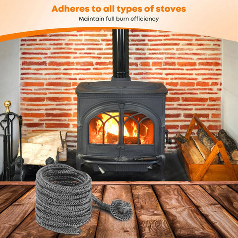Wood stove gasket rope, gray graphite-impregnated fiberglass, 1/4 in x 84 in coil, front view with stove in background.