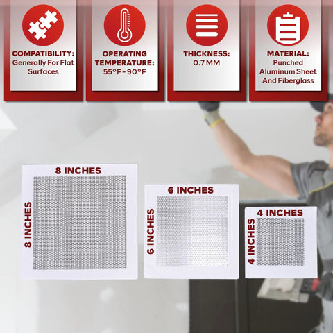 Heavy Duty Aluminum Drywall Patch Kit 12 Pack With Fiberglass Mesh Mess Free Self Adhesive Wall And Ceiling Hole Patches 4 6 8 Inch for Sheetrock Durable DIY Fix That Sticks And Lasts, showcasing 4, 6, 8-inch sizes.