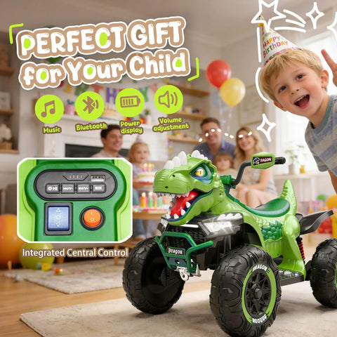 24V Dinosaur Ride On ATV For Kids Aged 4 To 8 That Is Totally Rad in a party setting with birthday decorations and kids