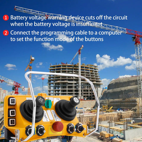 12V Wireless Crane Remote With Dual Joystick and 5 Speed Rockers displayed at construction site with cranes.