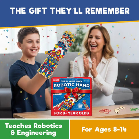 Hands On Robotic Hand Kit For Kids Ages Eight To Thirteen, Wearable Cool Gripper Build Kit To Learn Engineering And Anatomy Through Play, DIY STEM Toy Gift For Birthday Fun And Creative Problem Solving; boy holds kit box