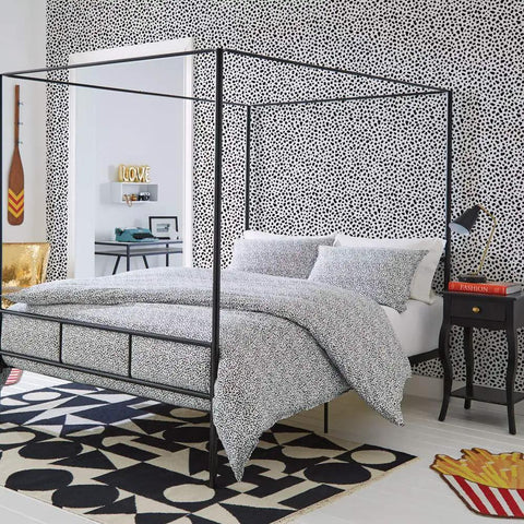 Bedroom with removable peel and stick wallpaper with modern hand drawn spot pattern 20.5x16.5 ft mess free made in USA