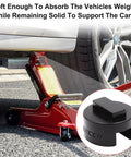 Side view: Universal BMW/Mini jack adapter pads; slotted rubber polyurethane frame-rail protector, 2-pack; shown under car.