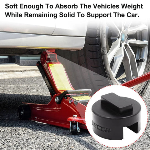 Side view: Universal BMW/Mini jack adapter pads; slotted rubber polyurethane frame-rail protector, 2-pack; shown under car.