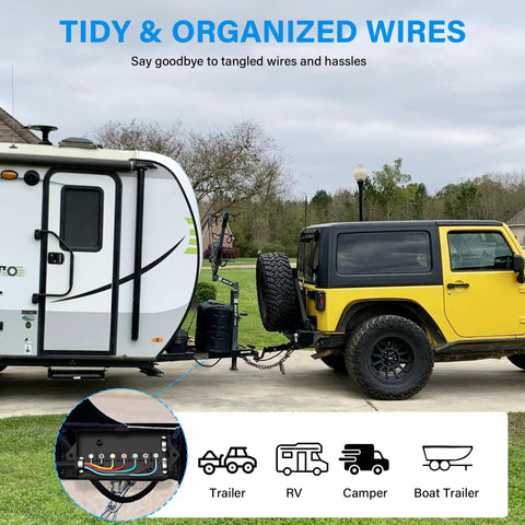 No Sweat Straight Plug And Play Heavy Duty 7 Way Trailer Cord Inline Wiring Harness 10 Foot Tow Kit with RV and trailer connection.