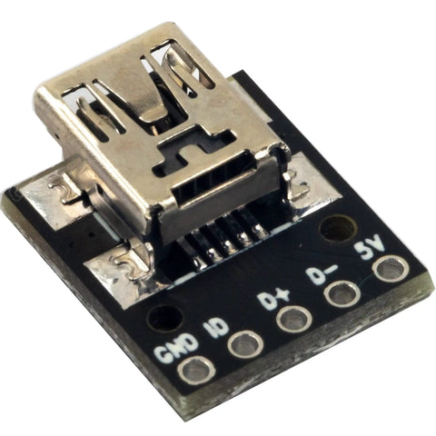 Close-up of Mini USB Breakout Board Female Connector 5 Pins 0.1 Inch Pitch 150 Mils PCB, straight pin headers visible.