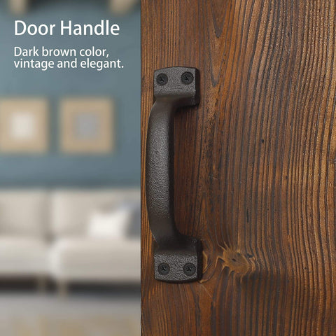 Heavy Duty 7 Inch Cast Iron Barn Door Pull Handles 2 Pack For Sliding Doors Gates Fences Drawers And Garages Dark Brown Metal Hardware Built To Last For Indoor Outdoor Use. Close-up view of rustic handle on wooden door.