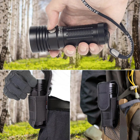 Ultra Bright USB C Rechargeable Flashlight With Cree XHP70 HI LED 3294 Lumens in hand and holster outdoors