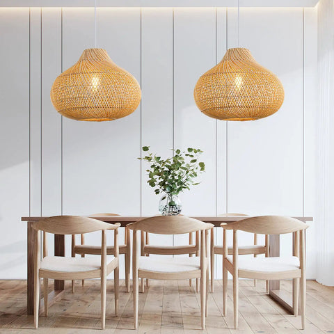 Boho Rattan Pendant Light D16.5 Inch Handwoven Wicker Chandelier above dining table, natural rustic vibe