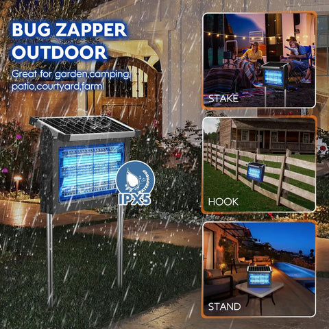Solar Bug Zapper Outdoor Mosquito Killer 4500V Waterproof Portable Cordless Fly Trap for Patio Yard Garden Camping
