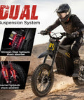 Dual Pack Off Road Beast Mode Electric Dirt Bike With 4160W Mid Drive Motor and 52V 26Ah Battery showing dual suspension system details.