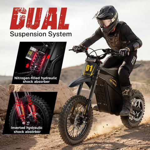 Dual Pack Off Road Beast Mode Electric Dirt Bike With 4160W Mid Drive Motor and 52V 26Ah Battery showing dual suspension system details.