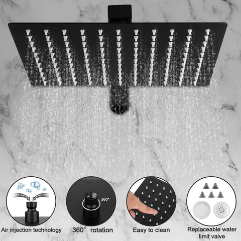 All Metal Shower System With 10 Inch Rain Shower Head And 2 In 1 Handheld Wall Mounted Matte Black Finish in use, showing water flow.