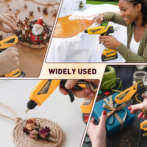 Collage of Cordless 150W Hot Glue Gun Kit With LED Display used in various crafts and projects, demonstrating versatility.
