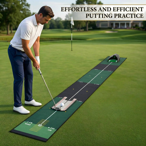Indoor Golf Putting Mat With Auto Ball Return And Alignment Mirror 8.2 Ft Practice Green set on golf course