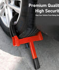 Two Pack Heavy Duty Wheel Clamp Lock For Trailers SUVs Boats ATVs Motorcycles And Golf Carts Universal Security Tire Lock With Six Alike Keys Adjustable Anti Theft Design Red And Black installed on a vehicle wheel.