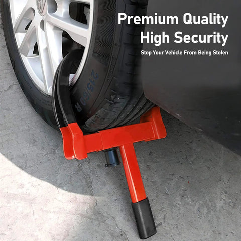 Two Pack Heavy Duty Wheel Clamp Lock For Trailers SUVs Boats ATVs Motorcycles And Golf Carts Universal Security Tire Lock With Six Alike Keys Adjustable Anti Theft Design Red And Black installed on a vehicle wheel.