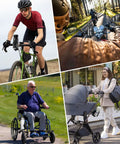 Adjustable Bike Water Bottle Cage Fits 1.9 To 3.6 Inch Bottles On Handlebar Or Frame Universal Cup Holder For Bicycle Stroller Scooter Wheelchair ATV All Terrain Rides For Any Ride shown in use on bicycle, motorcycle, wheelchair, and stroller.