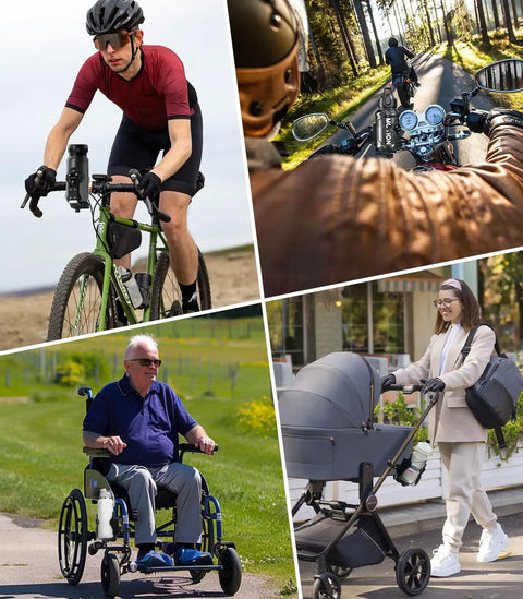 Adjustable Bike Water Bottle Cage Fits 1.9 To 3.6 Inch Bottles On Handlebar Or Frame Universal Cup Holder For Bicycle Stroller Scooter Wheelchair ATV All Terrain Rides For Any Ride shown in use on bicycle, motorcycle, wheelchair, and stroller.