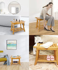 Beige Bamboo Shower Bench With Storage Shelf 2 Tier Spa Stool For Inside Shower Sturdy Bath Bench For Adults And Elderly