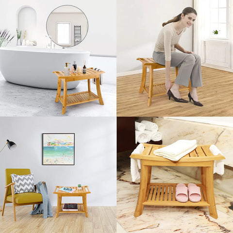Beige Bamboo Shower Bench With Storage Shelf 2 Tier Spa Stool For Inside Shower Sturdy Bath Bench For Adults And Elderly