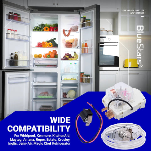 Upgraded Refrigerator Defrost Kit With Cold Control Thermostat, Defrost Timer And Bimetal Thermostat displayed with fridge