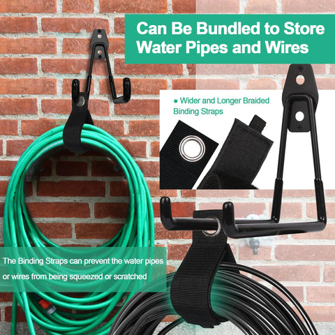 Heavy Duty Garage Wall Hooks Set With 2 Cord Straps 4 Steel Hangers holding hoses on a brick wall, close-up of straps