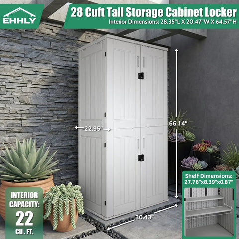 Beefy Heavy Duty Outdoor Tall Storage Cabinet Weatherproof 28 Cu Ft Garage Organizer with 4 Adjustable Shelves, Locking Double Doors in a patio setting