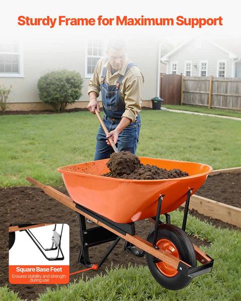 One Wheel Dump Cart For Garden And Yard, 6 Cu Ft Capacity, 330 Lb Load, Built Tough Wheelbarrow In Use On Lawn