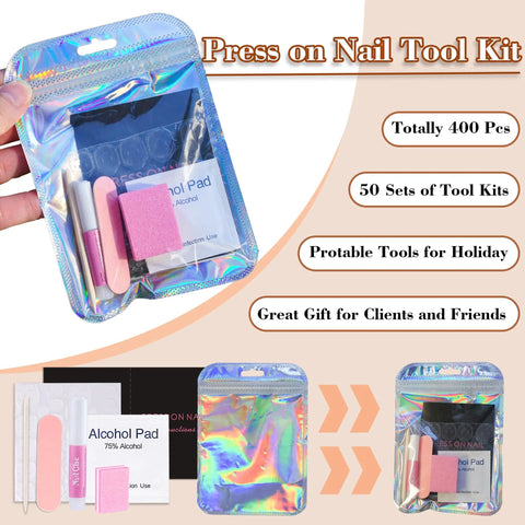 Disposable Press On Nail Prep Kit For Salon Biz, 50-Set Manicure Tool Bundle in holographic bag with tools visible