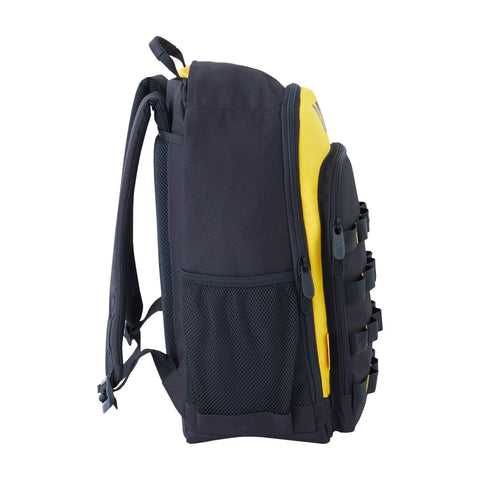 Side view of Heavy Duty Tool Backpack With 22 Pockets And Full Zip Closure, Durable Yellow And Black Design
