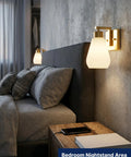 FLSNT Wall Sconces Set of 2, Hardwired E26 Wall Lighting, Modern Polished Gold Vanity Light with Frosted White Glass Shade in bedroom.