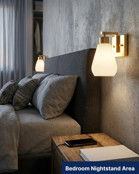 FLSNT Wall Sconces Set of 2, Hardwired E26 Wall Lighting, Modern Polished Gold Vanity Light with Frosted White Glass Shade in bedroom.