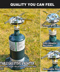Backpacking Stove 10,000 BTU Portable Isobutane Camp Stove With Gas Adapter on grass showcasing burner and adapter close-up.