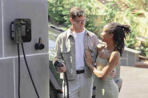 Level 2 EV Charger 48 Amp Wall Mount For Garage Beefed Up Fast Home Charging Station with couple in garage setting
