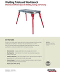 Badass Folding Welding Table 21 By 44 Inch 12 Gauge Steel Workbench for Garage with adjustable height and red legs.