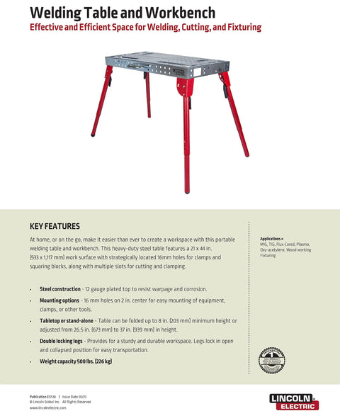 Badass Folding Welding Table 21 By 44 Inch 12 Gauge Steel Workbench for Garage with adjustable height and red legs.