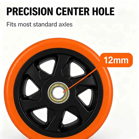 Close-up of precision center hole in six inch caster replacement wheels four pack orange heavy duty polyurethane.