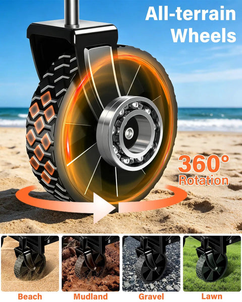 Close-up of all-terrain wheels on the Foldable Wagon With Wheels For Beach And Camp, Collapsible Wagon Cart With Two Cup Holders.