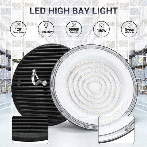 Six Pack 150W UFO LED High Bay Lights With Plug, Crazy Bright, 21050 Lumens, 5000K Daylight, IP66 Waterproof, commercial lighting